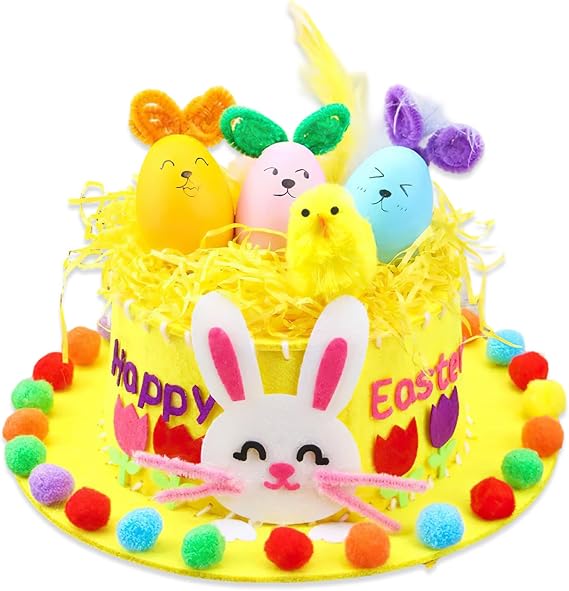CYMYGS Easter Hat Making Kit,Animal Theme,Complete Felt Hat Making Set with Flower Grass,Pom Poms and Assorted Embellishments for Festive Party Hats Creation and Spring Holiday Handmade Activities