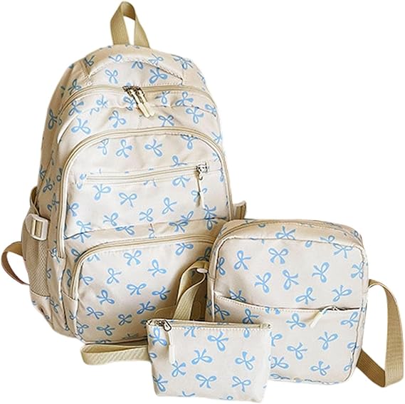 Bow Backpack 3PCS Set for Girls Cute School Bags Crossbody Bag Small Bag Set Back To School Aesthetic Large Capacity Rucksack Preppy Waterproof Daypack for Teenager Elementary Secondary Middle Bookbag
