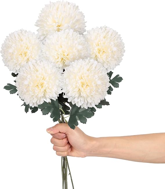 6 pcs 4'' Large Artificial Fake Chrysanthemum Flowers with 22'' Long Stem, White Silk Hydrangea Faux Ball Flowers for Wedding Party Table Centerpieces Floral Arrangement Home Kitchen Décor