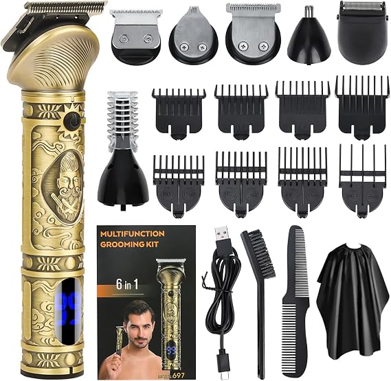 6-in-1 Cordless Hair Clipper Trimmer Kit, Zero Gapped T-Blade Electric Shaver, Nose & Body Trimmer