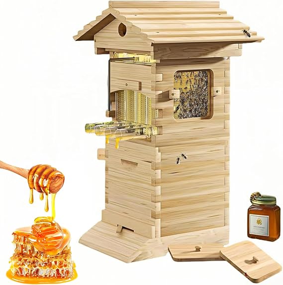 Beehive Starter Kit with Observation Window & Honey Spout - Complete Bee Box for Beekeeping, Includes Carpenter Bee House for Garden Pollinators