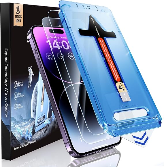 MAGIC JOHN iPhone 14 Pro Max 6,7 inç Temperli Cam Ekran Koruyucu için 2 Paket, Otomatik Toz Giderme Kurulumu, Kabarcıksız, Dinamik Ada Uyumlu, HD Şeffaf, Kolay Kurulum