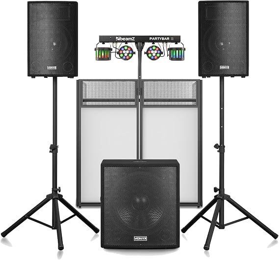 Vonyx VX1218BT DJ PA System Package with DB4 Pro DJ Booth & Plug-and-Play PartyBar2 Light, 1200W 2.1 Active Speakers, 18” Sub, Wireless Bluetooth PA, Professional Mobile DJ Setup