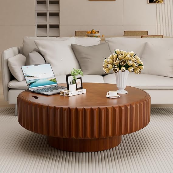 Round Coffee Table with Storage, Brown, 31.5"