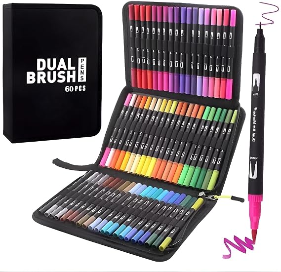 VAKKI 60 Dual Tip Colouring Pens, Felt Tip Brush Drawing Art Pen for Painting, Writing, Drawing and Sketching