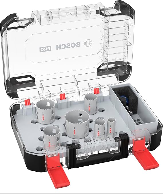 Bosch 9 x PRO Multi Material Power Change Plus hole opening saw set, transparent case (for soft wood, drywall, diameter 22, 29, 35, 44, 51, 64 mm, professional accessory, drill/screwer)
