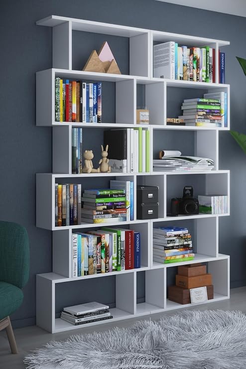 6 Raflı Çift Modül Zigzag Kitaplık Çalışma Odası Ofis Kitaplık BEYAZ
