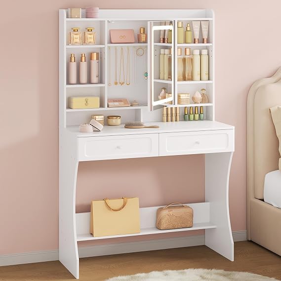 WOLTU Dressing Table with Mirror, Vanity Desk with Drawers and Shelves