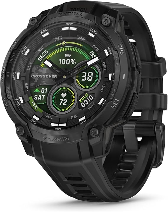 Garmin Instinct Crossover AMOLED - Tactical Edition, Analog Saat Eller ve Parlak AMOLED Ekranlı Sağlam Hibrid GPS Taktik Akıllı Saat, Siyah Silikon Bantlı Siyah