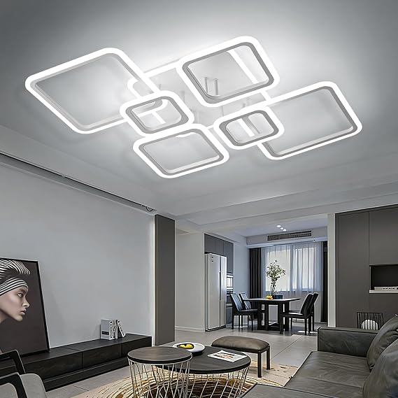 OKELI Modern LED Ceiling Lights Flush Mount, 48W Chandeliers Ceiling Light with 7 Square Acrylic Design, Large Ceiling Lights for Living Room, Bedroom, Kitchen, 6000K [Energy Class G]