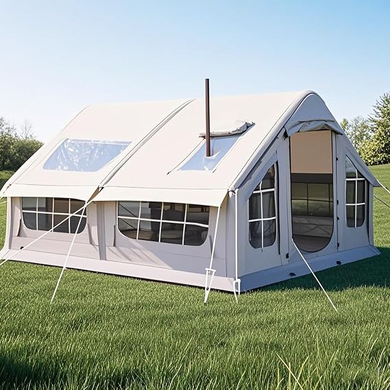 Inflatable Camping Tent with Stove Jack, Waterproof 4-Season Large Glamping Tent, Easy Setup for Family Outdoor Adventures