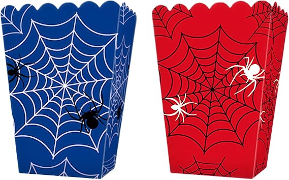 24 Pcs Spider Web Popcorn Boxes, Red & Blue Hero Theme Party Treat Boxes, Comic Hero Sweet Snack Containers for Kids Boys Birthday Decorations, Movie Night, Halloween Party Favours (2 Designs)
