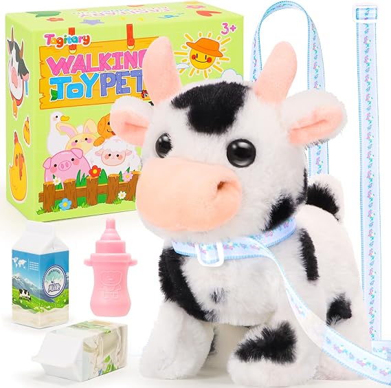Tagitary Plush Toys Interactive Walking Sounds Cow Kids Wag Tail, Nod Head Realistic Stuffed Cattle Toys Birthday Gift for Toddlers