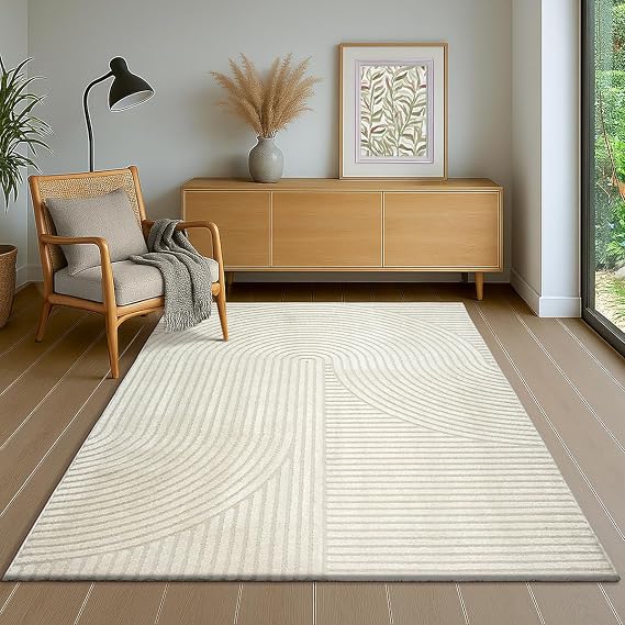 the carpet Everest Modern Short Pile Rug High/Low Structure 3D Effect Soft Surface and High Pile Density Ideal for Living Room & Bedroom Panglao Design Cream 80 x 150 cm