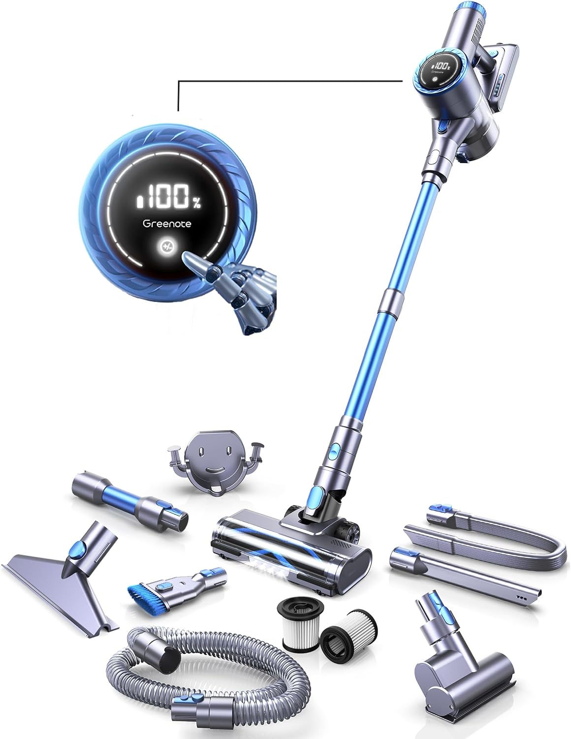 Greenote GSC60 Cordless Vacuum Cleaner 33KPa, 10 in 1 multi-accessory vacuum cleaner, Up to 40 Minutes Working Time, display with control screen, With bed brush, flexible extension hose, large Dust Chamber