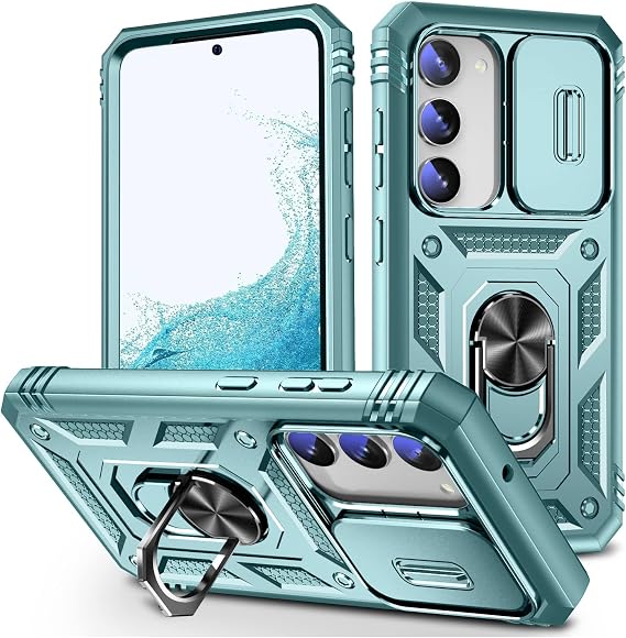 Samsung Galaxy S23 ケース ミリタリーグレード 落下衝撃保護 携帯電話カバー スライドカメラカバー付き 内蔵360°回転リングスタンド S23 6.1用 - グリーン