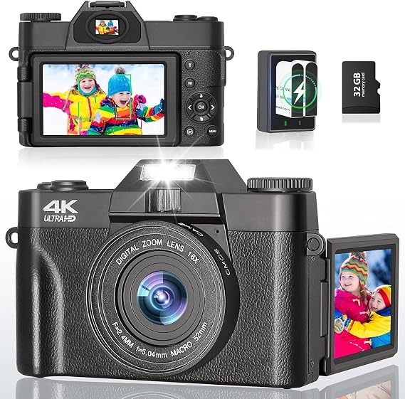 lazvik Digital Camera 4K for Photography and Video - 56MP Camera with Folding Screen Ultra HD Vlogging Camera 32GB Card 16X Zoom Vintage Compact Camera for Boys Girls Teenagers