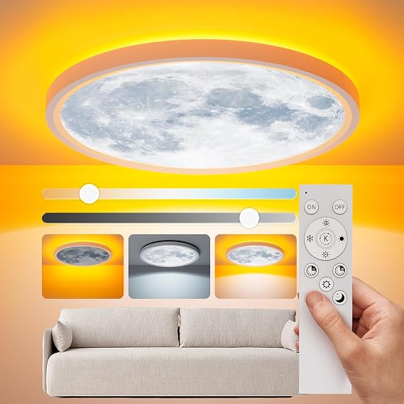 30cm Moonlight Dimmable Ceiling Light, 24W Led Ceiling Light with Nightlight, 3000-6500K 2800LM IP44 Waterproof Lamp with Timer Memory Function for Bedroom Children's Room Hallway Dining Room [Energy Class D]