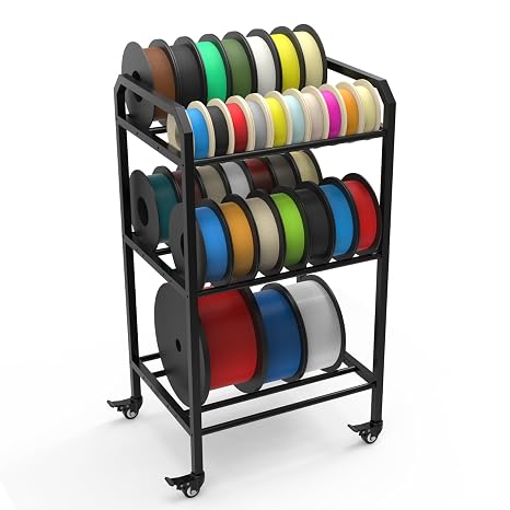 BCZAMD 3D Printer Accessories Upgraded Filament Storage Rack: Black 3 Tier Heavy Duty Metal Shelf with Rolling Caster Wheels for Printing Material Organized for 500G 1 kg ABS PLA TPU Wood PETG