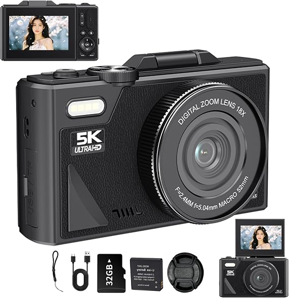 Digital Camera, 5K Recording, Digital Camera, 75 Million Pixels, WiFi Transmission Function, 180° Rotatable Display to Smartphone, 32GB Card Included, 18x Digital Zoom, Auto Focus Function