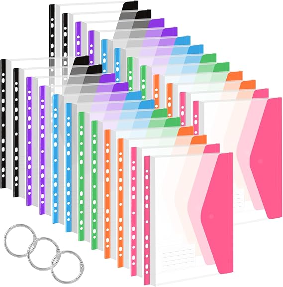 Plastic Wallets A4, 24 Pcs Expandable Punched Pockets, A4 Document Wallets Transparent File Folders with Label Pocket for Home, Office and School