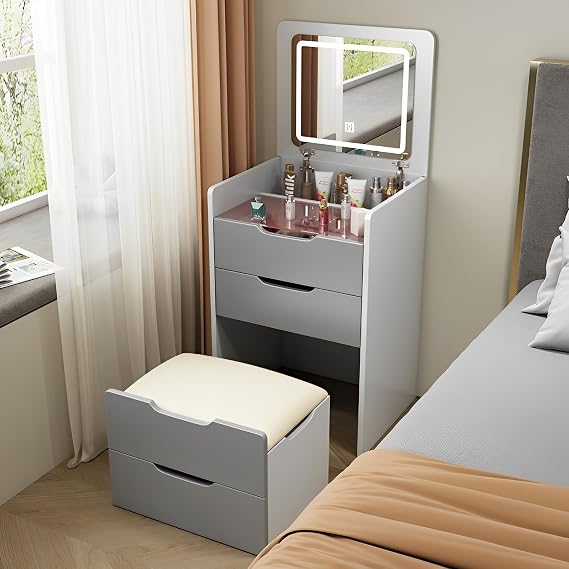3 in 1 Dressing Table Dressing Table with Flip-top Mirror and LED Lights Dressing table with hidden ottoman Bedside storage cabinet Integrated Makeup Table for Small Spaces Gray+white Withlight18.9in