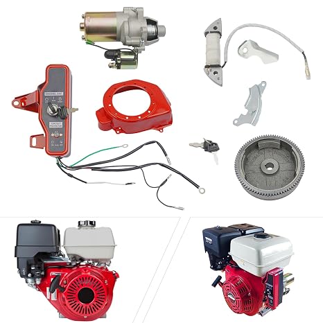 Electric Start Conversion Kit, Flywheel Starter Motor Set, Starter Motor Flywheel Key Switch Coil Ignition Fan Cover Fit, 17cm Flywheel Diameter, 12V Motor, for HONDA GX160 5.5HP, HONDA GX200 6.5HP