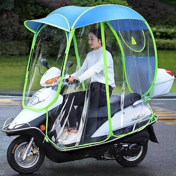 Mobility Scooter Canopy, Fully Enclosed Motor Scooter Motorcycle Umbrella Sun Shade Rain Cover, Waterproof Transparent Fold-Away Universal Umbrella (Blue, Without rearview mirror)