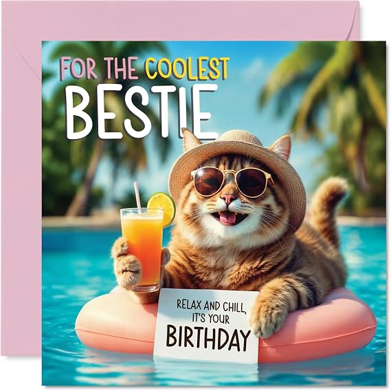 Bestie Birthday Card, Pool Cat
