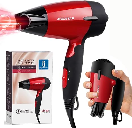 Travel Hair Dryer 115 V + 230 V Double Voltage Perfect for Travel 1400 W Red