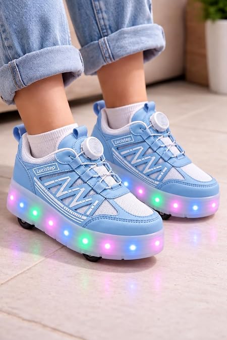 Garantili & Üst Kalite Işıklı Çocuk Paten Ayakkabısı | 4 Tekerlekli Kaykay Sneaker (29-37 Numara - Renk Mavi - Bebe Mavisi)