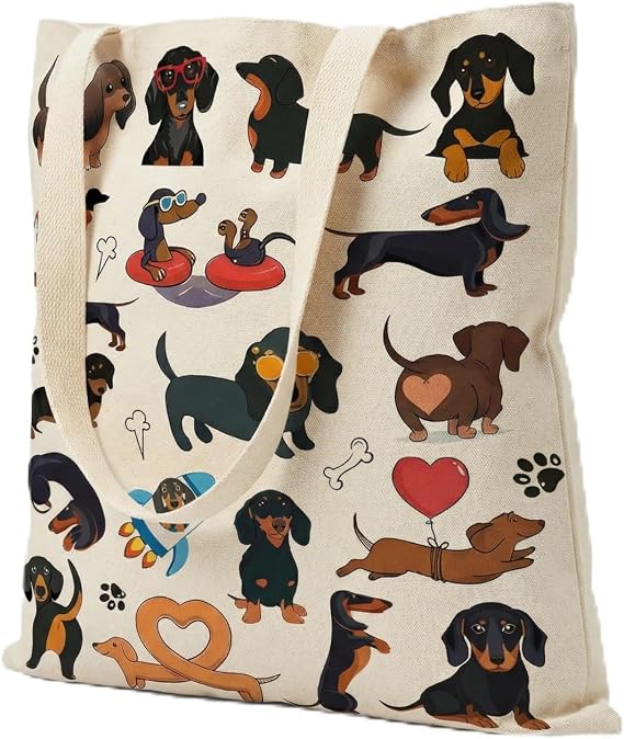 Dachshund Canvas Tote Bag Double-Sided Printed Resuable Shopping Bag for Women Foldable Sausage Dog Shoulder Bag for School Work Travel Funny Dachshund Lover Gifts for Leaving Colleagues