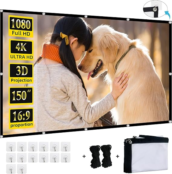 Projektör Ekranı, 150 inç Projeksiyon Ekranı 4K 16:9 HD Katlanabilir Taşınabilir Film Ekranı Dış Mekan İç Mekan Çift Taraflı Sinema Ekranı, Sinema Ev Sineması Arka Bahçe Partisi için