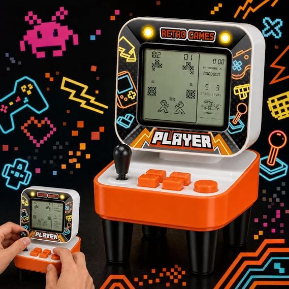SGM Mini Arcade Machine with Real Joystick & Buttons, Retro Handheld Games Console, Desktop LCD Retro Arcade Game Machine Toy for Kids & Adults, Orange Retro Gaming Gift, Model XY9018B