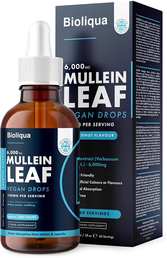 Mullein Leaf Liquid Drops - 60ml - 2 Month Supply - High Strength - Vegan - 60 Servings - Premium Mullein Leaf Extract - 6,000mg per Bottle - Fast Absorption - UK Made by Balance (1x Pack)