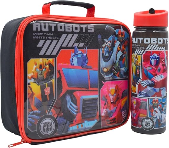 Transformers Autobots Kids School Lunch Bag &amp; 600ml Water Bottle Set – Insulated Lunchbox with Leak Proof Flip Spout Bottle – Optimus Prime &amp; Bumblebee Official Hasbro Merchandise