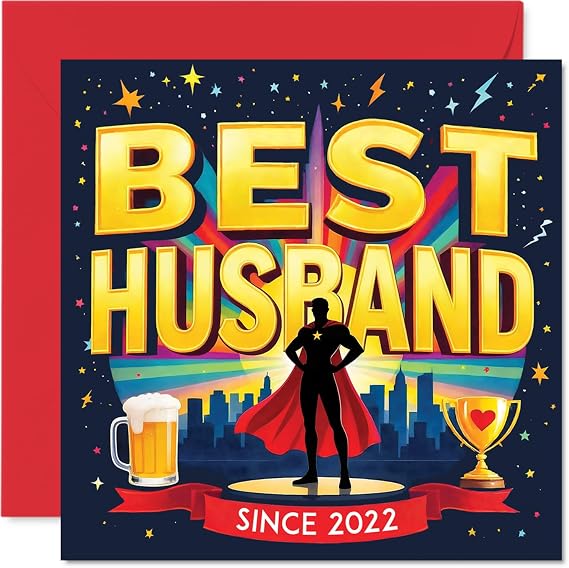 Stuff4 遊び心のある4周年記念カード - ヒーローステータスのロック解除 - 大胆なスーパーヒーローのシルエット 'best Husband Since 2022' - 5.7インチ正方形、封筒付き
