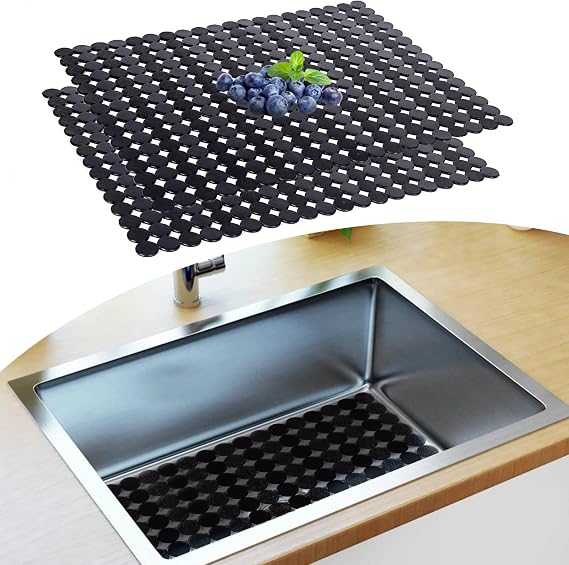 Kitchen Sink Mat - 2Pack Adjustable Sink Protector Mat for Kitchen Ceramic/Stainless Steel Sink - Fast Draining Sink Mats for Bottom of Kitchen Sink - Easy to Clean & DIY Cut (Black)