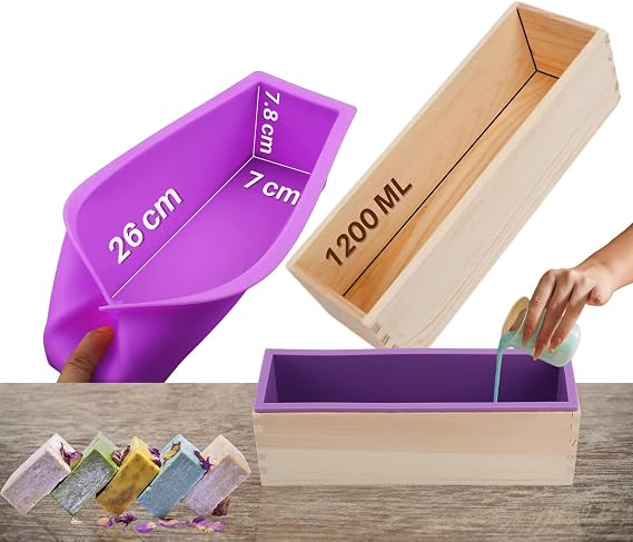 Rectangle Loaf Soap Molds, 42 Oz 1200Ml Flexible Silicone Liner Wooden Shell Handmade Loaf Soap Molds DIY Tool, Fits Making Cake Ice Chocolate Pudding