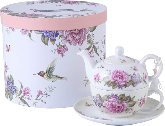 London Boutique Tea for One Teapot Tea Cup Saucer Set Gifts for Women Tea Set for 1 Flora Bird Rose Butterfly Porcelain Gift for Her (Beige/Cream)