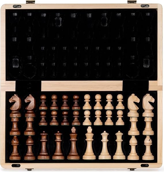 A&A 15" Wooden Chess Set/Folding Board / 3" King Height Handmade Chess Pieces w/ 2 Extra Queens