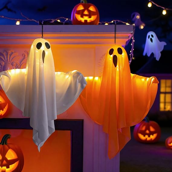 Halloween Ghost Decorations, LMSHOWOWO 2PCS Hanging Decorations with 3 Modes LED Light, Scary DIY Any Shape Light Up Ghost Kit for Halloween Decor Outdoor Indoor Home Door Garden Patio Lawn Porch Tree