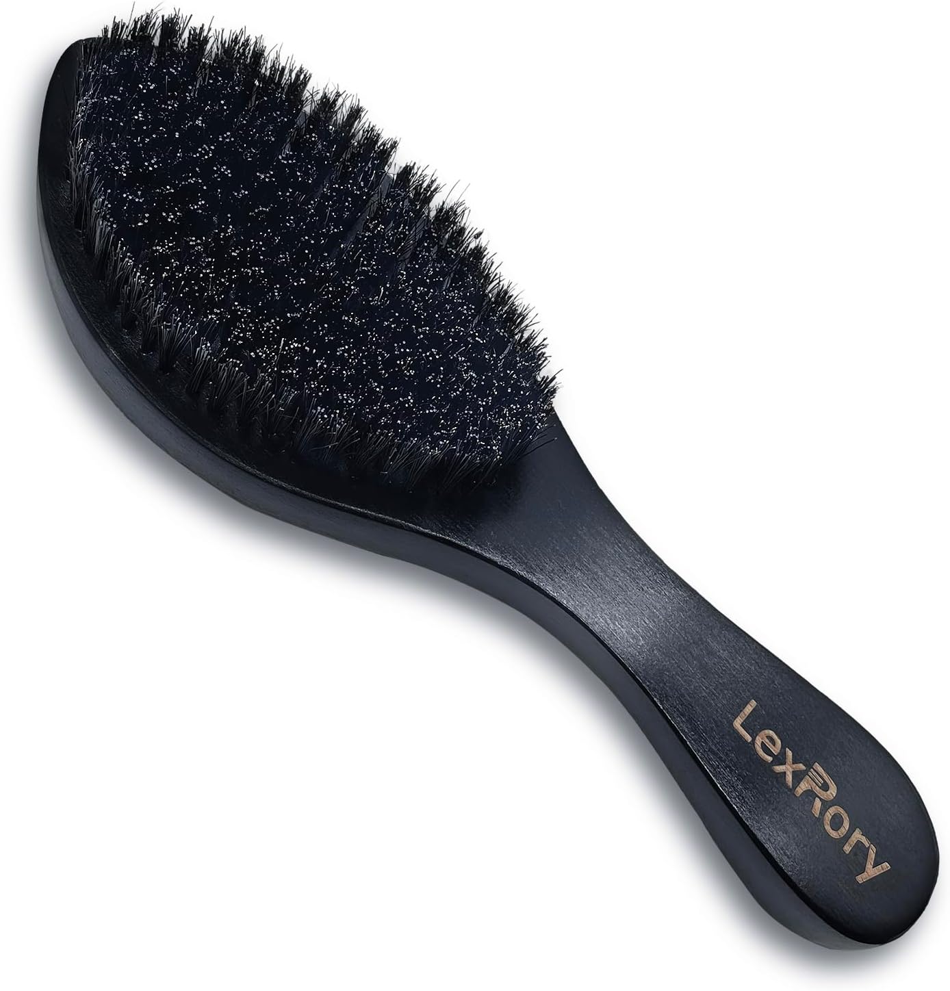 Boar Bristles Men Medium Hard 360 Waves - Long Handle Natural Palm Wavy Brushes for Men - Medium Firm Curved Brush for Hair Routine Black