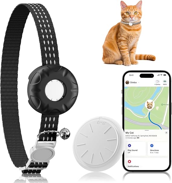 猫用GPSトラッカー - 月額料金なし 猫トラッカー 防水 リアルタイム 猫首輪 ペット/子供 荷物/資産用 | バッテリー寿命367日|ペットトラッカー Apple Find My App対応 iOSのみ ブラック