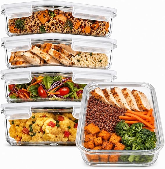 Prep Naturals Glass Containers 5 Pieces, 900 ml, 1 Compartment