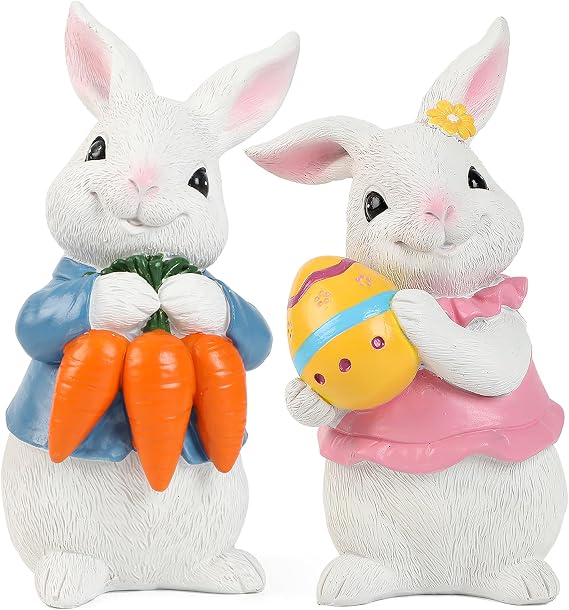 masteymoh 2 Pcs Easter Rabbit Resin Bunny Figurine with Eggs and Carrots 6 inch Pack of 2 Ornaments Bunny Figurines, Easter Bunny Statues (Pink + Blue)