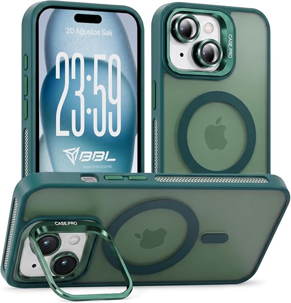Babilden iPhone 15 Plus İçin Kılıf Kamera Korumalı Magsafe İle Uyumlu Kablosuz Şarj Özellikli Mat Şeffaf Renkli Standlı Lens Hediyeli Telefon Kılıfı (Yeşil)