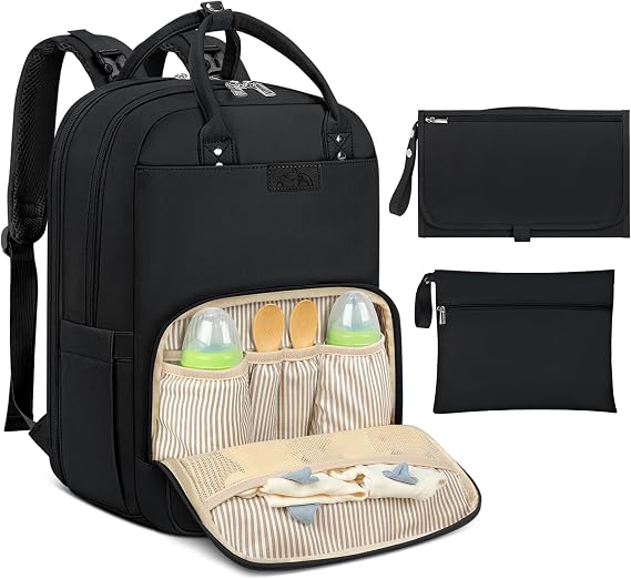 Baby Changing Bag Backpack with Portable Changing Mat Waterproof Nappy Bag Multifunction Baby Diaper Bags Large Rucksack Bag for Mom & Dad Black