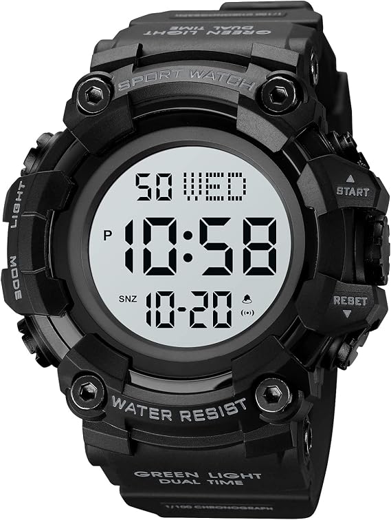 XCZAP Large Dial Stopwatch Sport Mens Watches LED Light Digital Wristwatches 5Bar Waterproof Countdown Clock, Black White, Digital