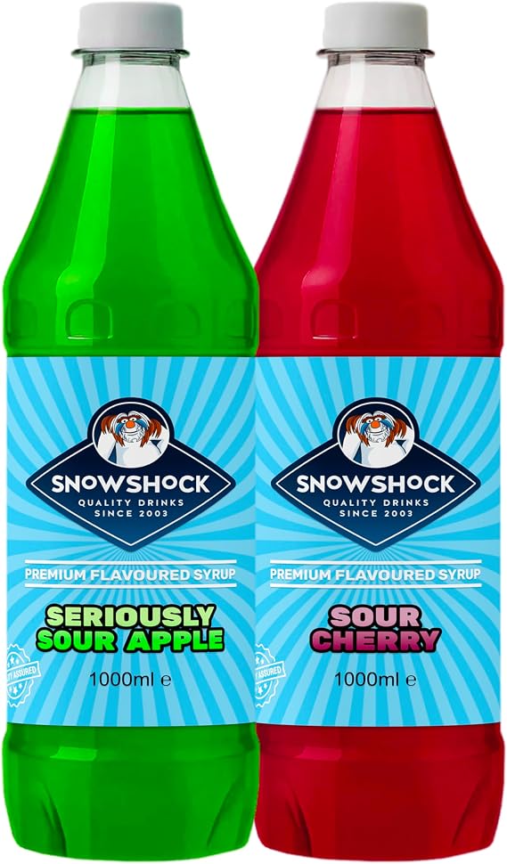 SnowShock Slush Syrup 1L Sour Apple & Sour Cherry 2x Pack | Slushy Concentrate Dilute for Ice Slushie Machine | Refreshing Frozen Drink Mix for Kids Parties, Cafes, Events & Food Vans | Vegan